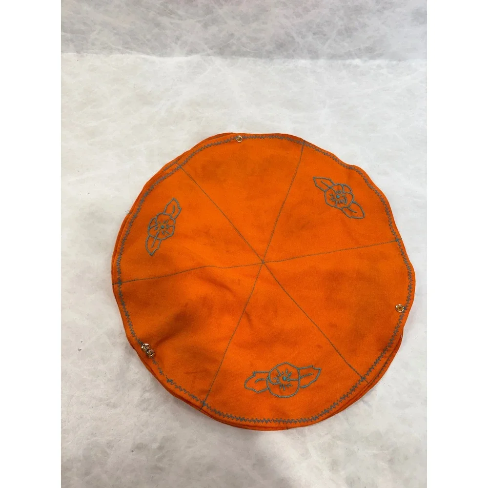 Vintage Handmade Packable Jewelry Holder Orange Blue Floral Embroidered Travel
